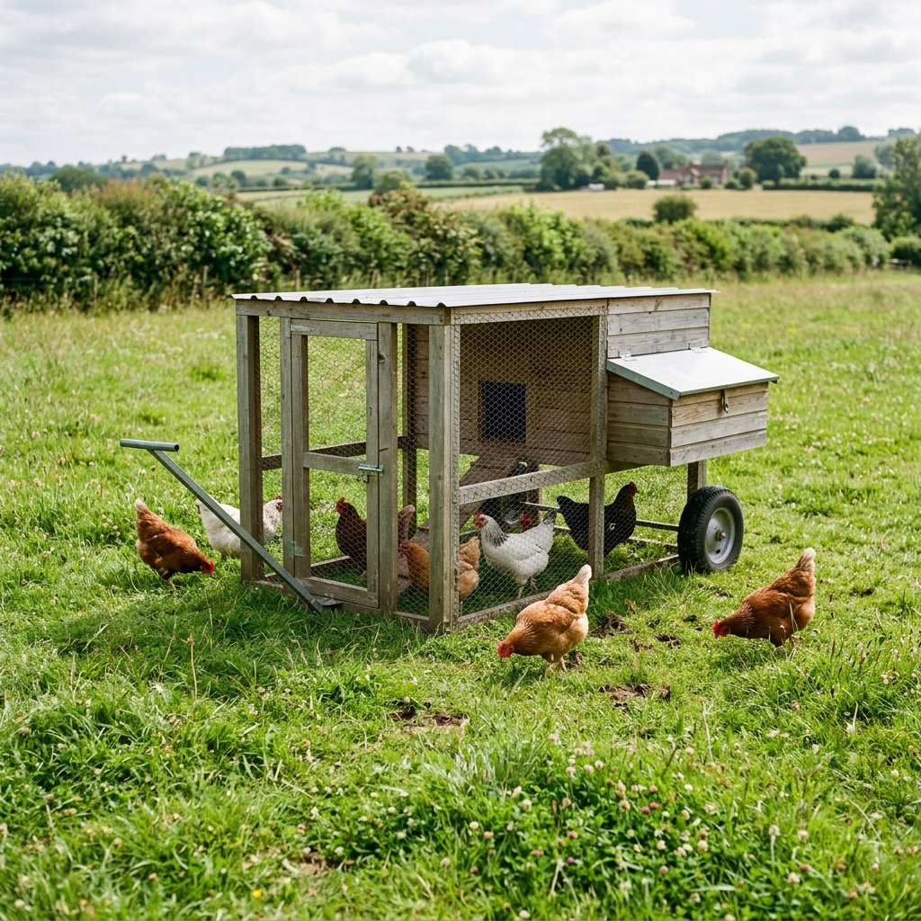 Portable chicken tractor coop on green grass in backyard