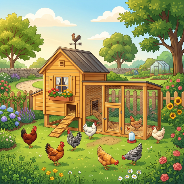 Beautiful backyard chicken coop with free-range chickens