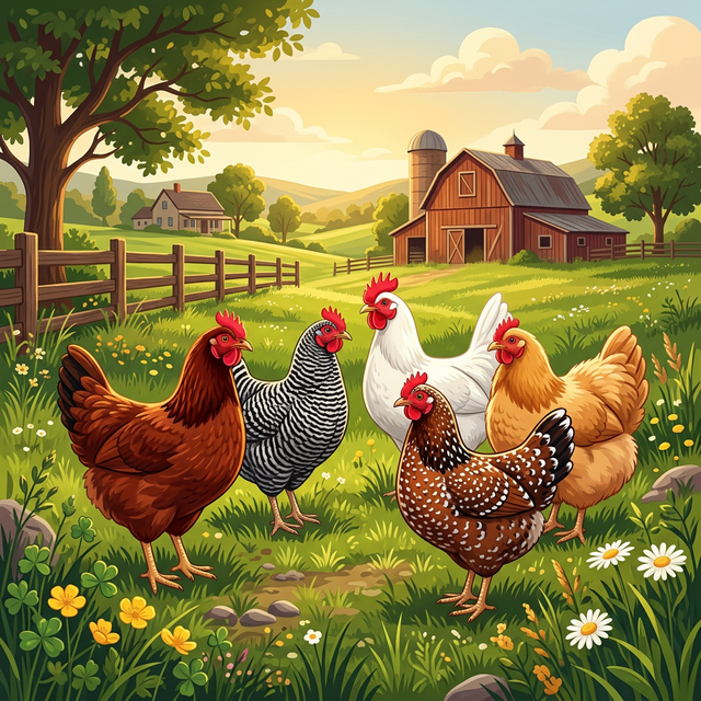 Various chicken breeds in a beautiful farmyard