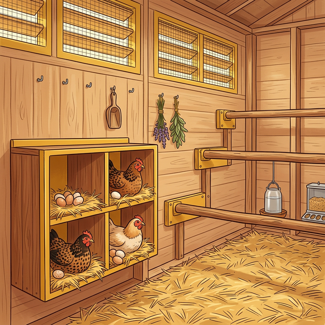 Modern chicken coop interior with nesting boxes